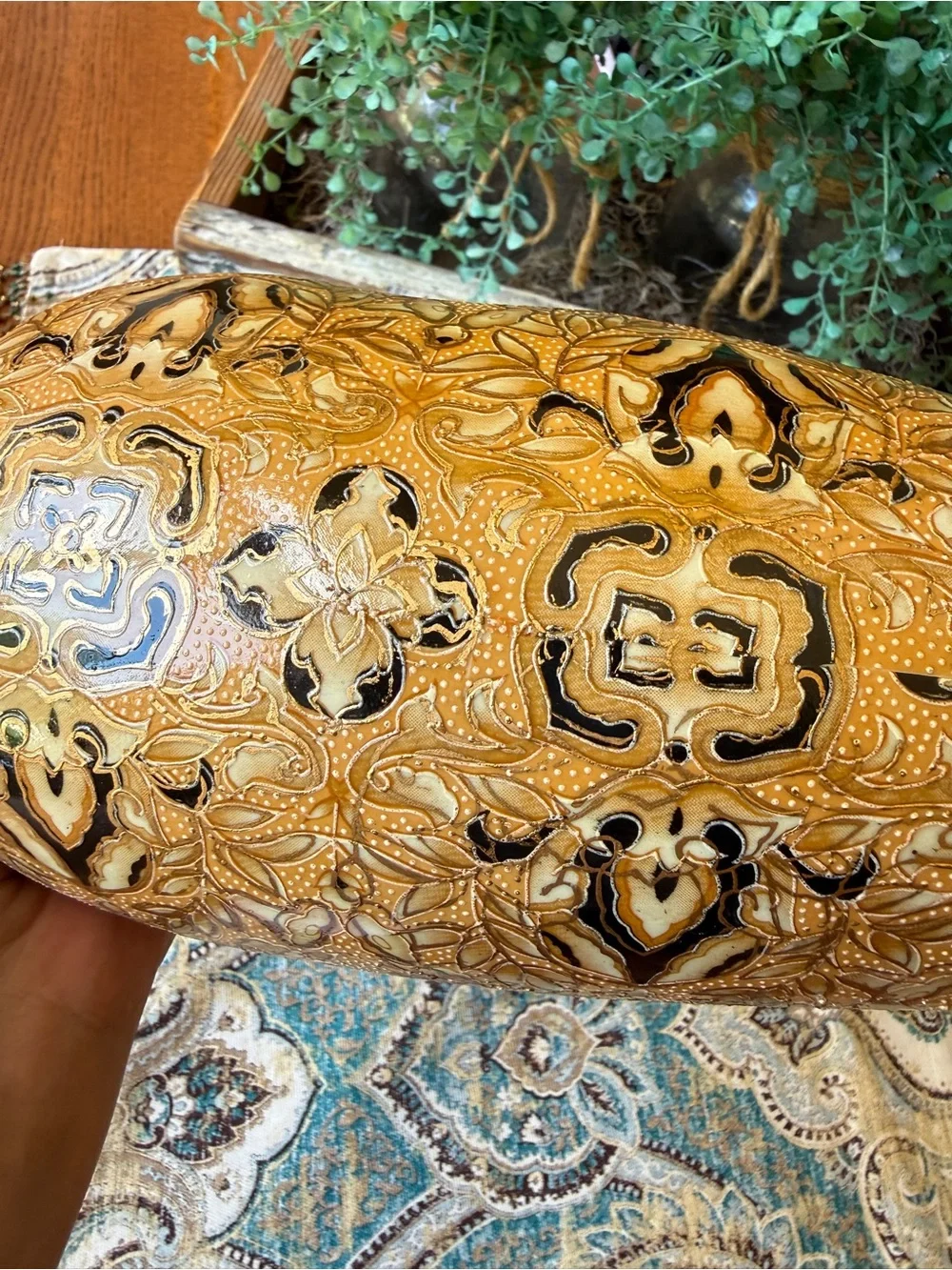 Japanese Satsuma Style Moriage Vase Vintage Gold Black Floral Relief Pottery 12” - Picture 5 of 10